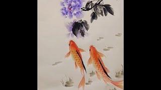 筆的走向決定魚的神態，繪畫完整過程值得學習  國畫牡丹鯉魚--guohuajifa