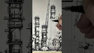 How to build a crane on paper. with ink and a fountain pen. #inkdrawing