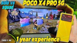 Poco x4 pro 5g phone 1 year gaming test experience free fire handcam gameplay solo vs squad gamturbo