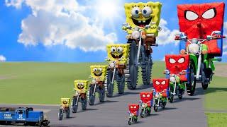 Big & Small SpongeBob as Spiderman on a motorcycle vs Big & Small Spongebob on a motorcycle vs Train