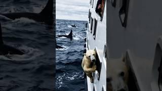 Polar bear looking scared next to a large fishing boat! Rescue