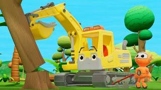 Tenny is cutting down trees, and the excavator is helping to push them down