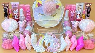 PINK UNICORN SLIME  Mixing makeup and glitter into Clear Slime. Satisfying Slime Video.