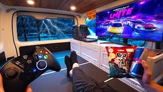 Gaming Car Camp with Ultra-Large Screen in Heavy Rain.