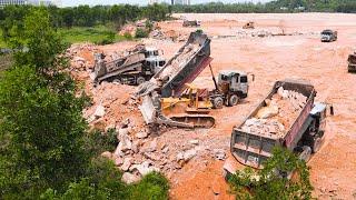 Powerfully KOMATSU Bulldozers Push Big Most Mountain Stone To Filling Up New Area With Dump Trucks