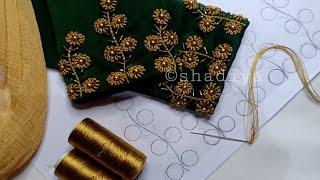 Golden thread Long french knot hand embroidery design for kurti blouse sleeve|green Georgette kurti