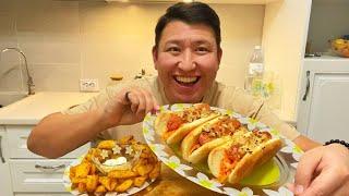 МУКБАНГ СЪЕЛ 3 ХОТ ДОГА Картофель по-деревенски Mukbang hot dogs не Асмр