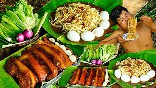 Wilderness Cooking Skill | Fried Braise Noodle Pork Recipe Eating So Delicious.