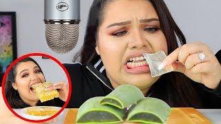 I Tried ASMR.. Eating Raw Honeycomb, Slime, Aloe Vera (Sticky Crunchy Sounds)