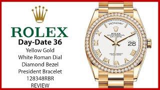 ▶ Rolex Day-Date 36 Yellow Gold White Roman Dial Diamond Bezel President Bracelet 128348RBR - REVIEW