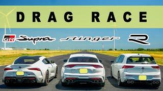 2022 VW Golf R vs Toyota Supra GR 3.0 vs Kia Stinger GT. Drag and Roll Race.