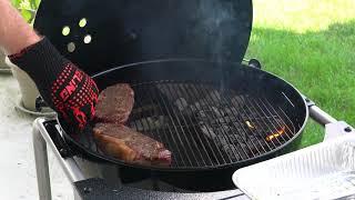 Prime NY Strips, Perfectly Reversed Seared on the Weber Kettle with the Slow ’N Sear.