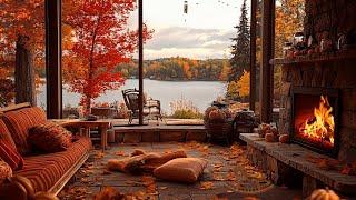 Relaxing Lakeside Cottage  Sunny Day with Melodious Piano, Warm Fire, & Rustling Leaves