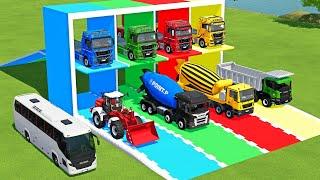 TRANSPORTING EXCAVATOR, BOX TRUCK, BULLDOZER, FIRE TRUCK TO GARAGE WITH MERCEDES TRUCK - FS22