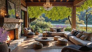 Fireplace and Piano for Focus & Clarity  Serene Morning at Lakeside Porch