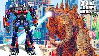 ГОДЗИЛЛА ПРОТИВ ОПТИМУСА ПРАЙМА ТРАНСФОРМЕРА ГТА 5 МОДЫ OPTIMUS PRIME VS GODZILLA ОБЗОР МОДА В GTA 5