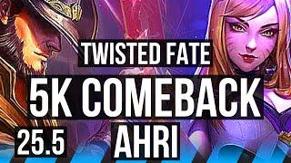 TWISTED FATE vs AHRI (MID) | 5k comeback, 54k DMG | KR Master | 25.5