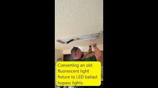 Converting an old fluorescent light fixture to LED ballast bypass lights. #HandsomeOrHandy