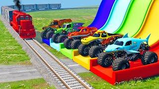 Transport Monster Trucks Car Rescue Train Track with Long Trailer and Slide Color - BeamNG.drive