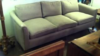 Newly Upholstered Compact Linen Sofa with Thin Arms and Sloped Back