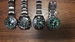 Lume Comparison: 300m Tuna, GS 600m HiBeat, MarineMaster 600m GMT, SEL Omnidiver Grade 5 titanium