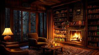 Cozy Reading Nook Ambience  Soft Jazz with Crackling Fireplace and Rain Sounds For Sleeping