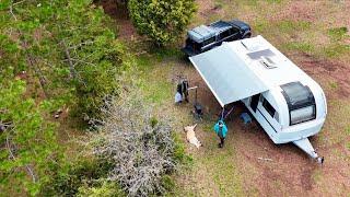 LUXURY CARAVAN CAMPING IN FOREST WITH STOVE UNDER HEAVY RAIN