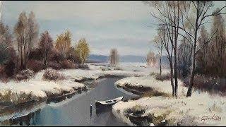 Oil painting lesson. Урок масляной живописи. Пишем начало зимы. Лесной мотив с речкой.