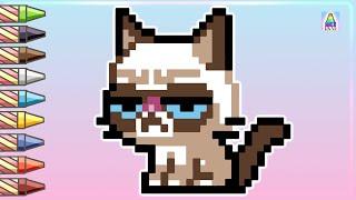 Pixel Art | Как нарисовать GRUMPY CAT по клеточкам | Рисунки по клеточкам | Coloring Kids