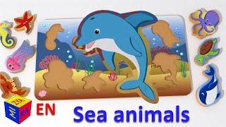 Learn sea animals. Cartoons matching games and toys for toddlers. Puzzle with sea creatures