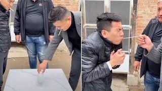 Standing bottle challenge, how can you not get your shoes wet when you often walk by the river! Men