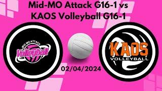 02/04/2024 Mid-MO Attack G16-1 vs KAOS Volleyball G16-1 Bracket Play