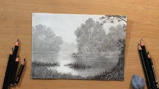 Fog on the River - Landscape in Graphite Pencil