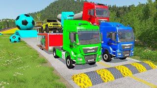 Double Flatbed Trailer Truck vs Speedbumps Train vs Cars | Tractor vs Train Beamng.Drive 050