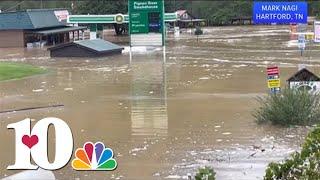 Buildings underwater in Cocke Co. after Pigeon River floods over in Hartford, TN from Helene