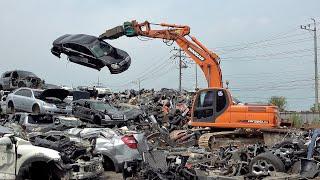 Amazing Korean Junkyard. Massive Scrap Car Process