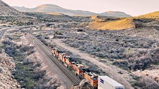 BNSF intermodal tackles the grade at Crozier Canyon, Seligman division.