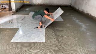 Professional Construction And Finishing Of Living Room Floor Using Large Stone-Patterned Ceramic