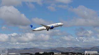 United Airlines B787-8 Dreamliner windy day departure from Christchurch Airport 9 March 2025 (UA731)