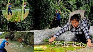 Dinh and the mute boy transport giant bamboo trees along a large, dangerous stream.