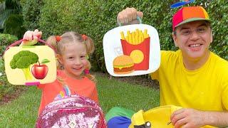 Nastya and papa go to a picnic to eat lunch