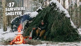 Winter SOLO BUSHCRAFT.  Shelter's construction for survival in wild forest . Solo hiking in forest!