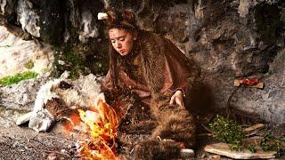 SOLO  Girl Survives Primitive Cave Life with Fire Skills and Hot Stone Cooking