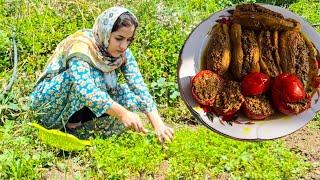 Eggplant kebab recipe.Making Delicious Stuffed Tomato Outdoor:Village Cooking In Iran/#food#kendi