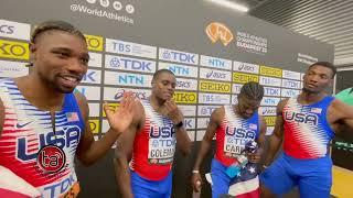 Noah Lyles and Fred Kerley after helping USA to win the men's 4x100m in Budapest 23