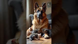 Shepherd Nanny Watching Over the Kittens   #fluffyzen #cute #kitten #dog #shepherd