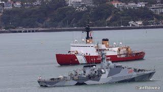 American Icebreaker & British Patrol Vessel pass on Auckland Harbour - 2024