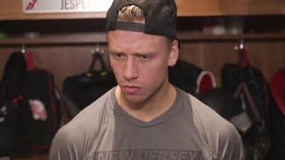 Bratt, Meier, Hamilton and Coach Keefe after a 4-2 loss to the Leafs in the team's home opener