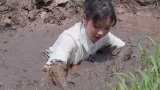 White pantyhose with boot sink in mud