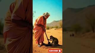 Grandmother and the monkey fill water in the pit for the animals#ai#animals#grandmother
